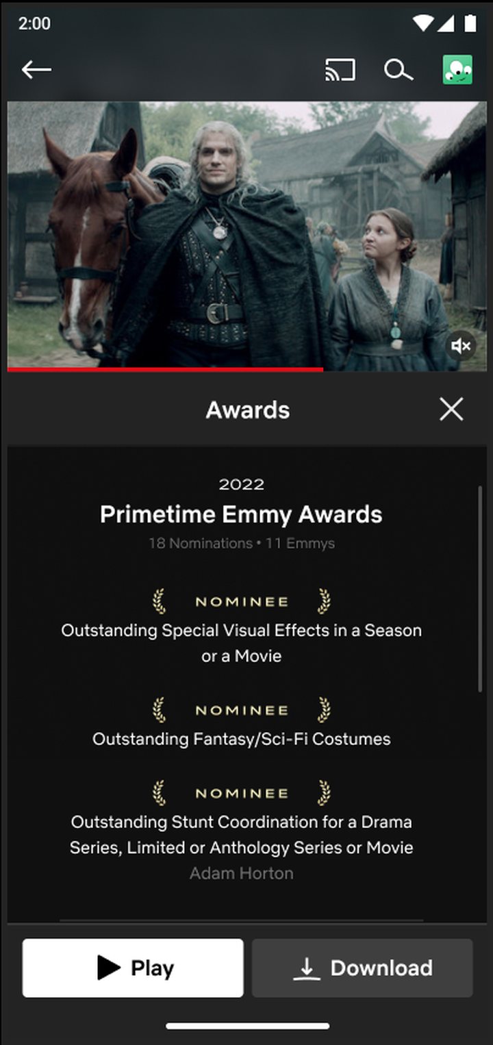 Mobile detail page with the awards panel